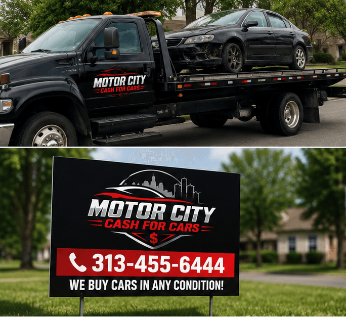 Tow truck hauling a damaged car and a sign for Motor City Cash for Cars.